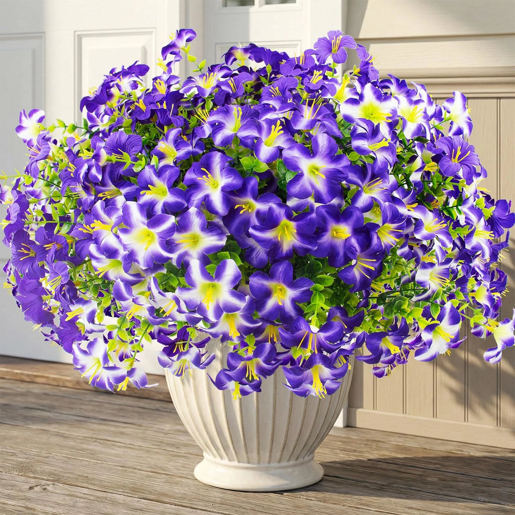 16 Pcs Faux Petunias Artificial Flowers for Outdoors, UV Resistant Fake Purpl
