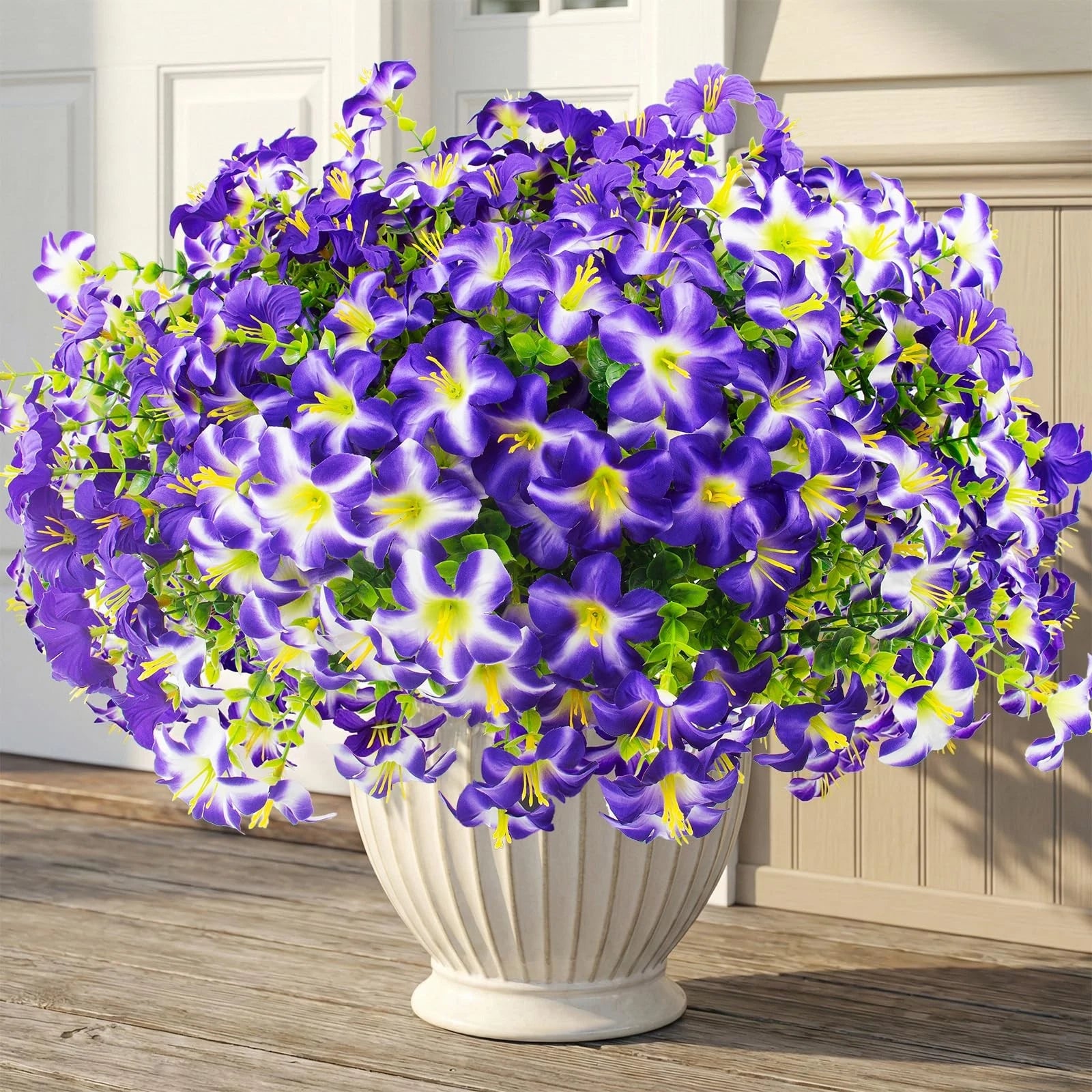 16 Pcs Faux Petunias Artificial Flowers for Outdoors, UV Resistant Fake Purpl