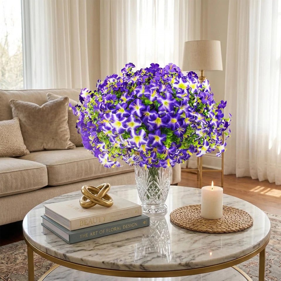 16 Pcs Faux Petunias Artificial Flowers for Outdoors, UV Resistant Fake Purpl